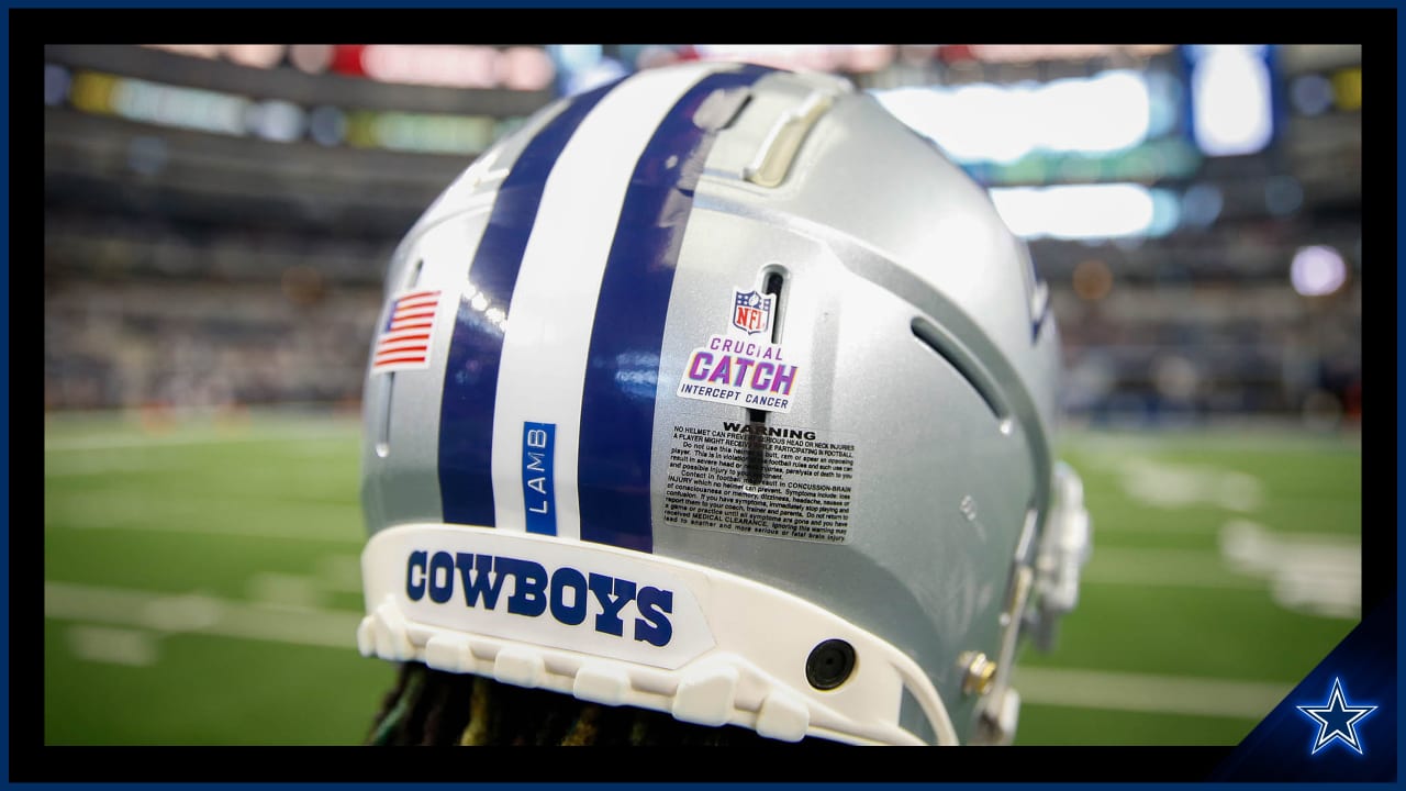 The NFL crucial catch decal is seen on on an officials hat during pregame  warmups before an NFL football game between the Carolina Panthers and the  Dallas Cowboys , Sunday, Oct. 3