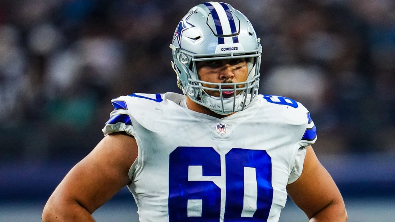 Dallas Cowboys offensive tackle Isaac Alarcon (60) waits for play to begin  during the second half of an NFL preseason football game against the  Jacksonville Jaguars, Saturday, Aug. 12, 2023, in Arlington