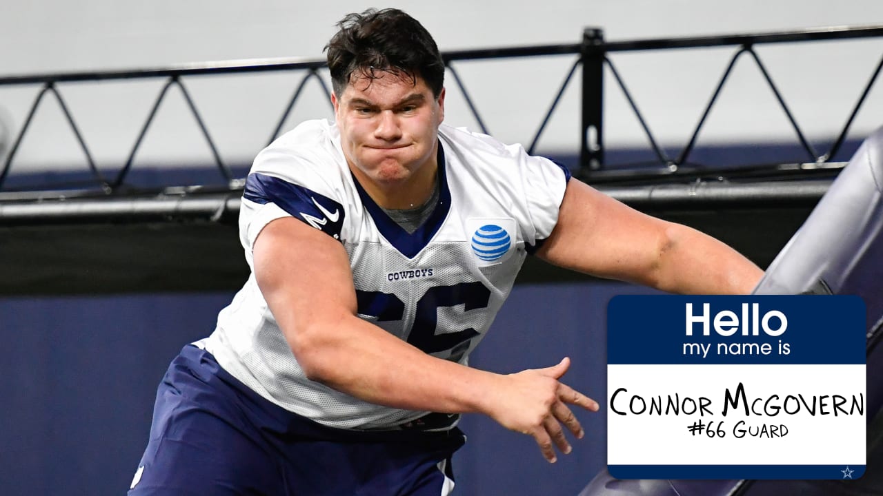 Dallas Cowboys guard Connor McGovern (66) is helped off the field by team  medical staff after suffering an unknown injury in the first half of a NFL  football game against the Tampa