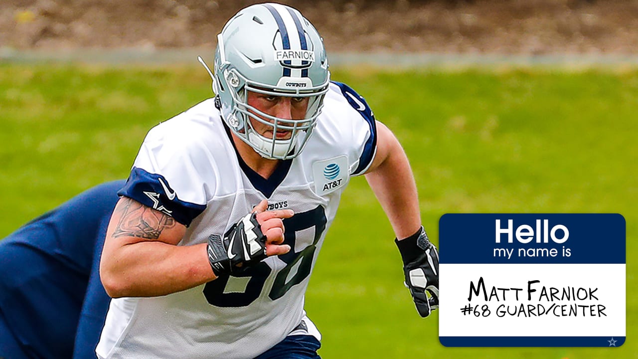 Dallas Cowboys guard Matt Farniok (68) is seen during the first half of an  NFL football game against the Las Vegas Raiders, Saturday, Aug. 26, 2023,  in Arlington, Texas. Dallas won 31-16. (