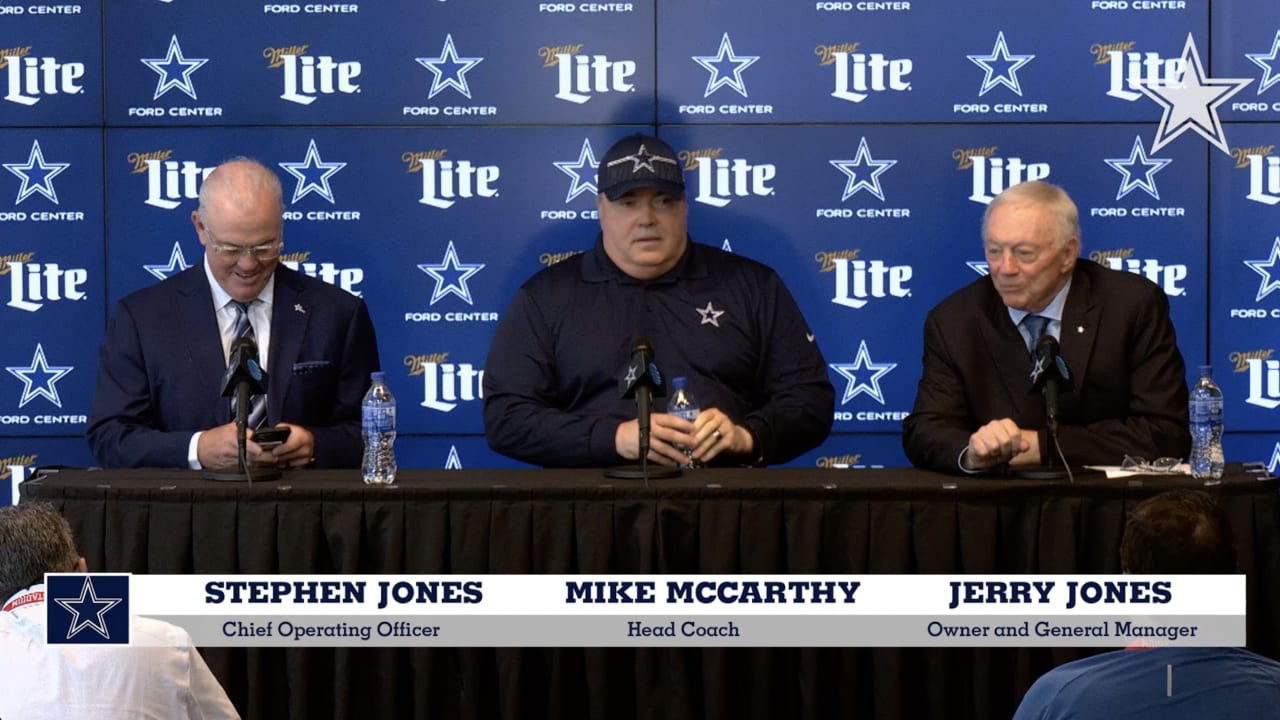 Dallas Cowboys owner Jerry Jones, COO Stephen Jones, head coach Mike  McCarthy celebrate in draft room during first round