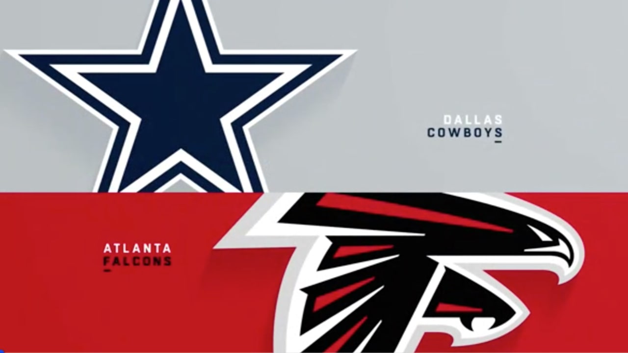 Dallas Cowboys vs. Atlanta Falcons. NFL match poster. Two american football  players silhouette facing each other on the field. Clubs logo in  background. Rivalry concept photo. Stock Photo