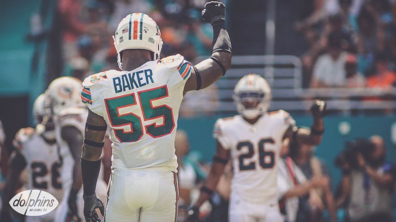 Miami Dolphins linebacker Jerome Baker (55) defends during an NFL