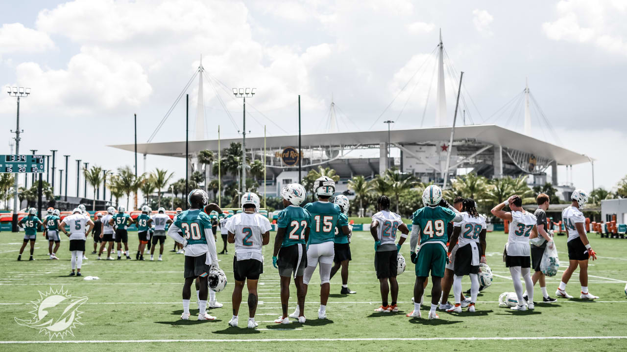 Miami Dolphins quarterbacks Jacoby Brissett (14) passes during an NFL  football practice at Baptist Health Training Complex in Hard Rock Stadium  on Wednesday, Oct. 6, 2021, in Miami Gardens, Fla. The Dolphins