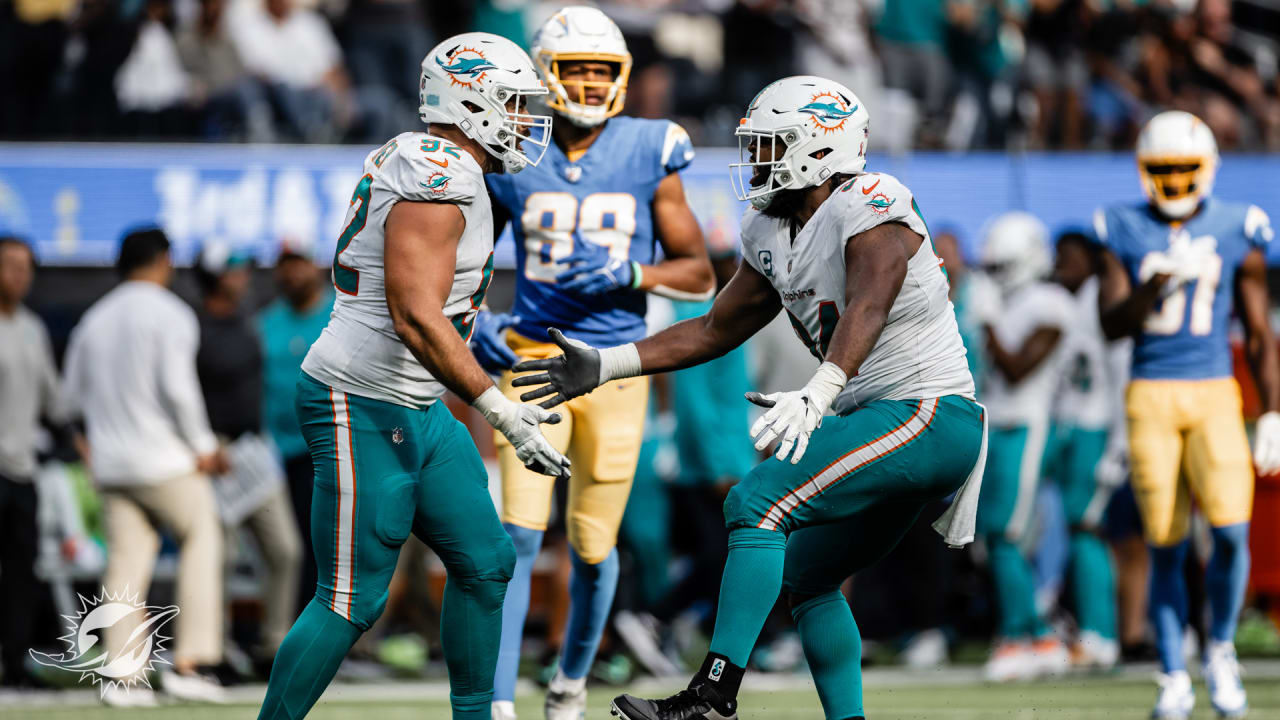 Zach Sieler of the Miami Dolphins celebrates after scoring a