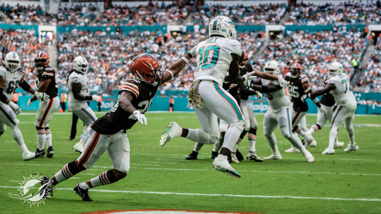 Tyreek Hill of the Miami Dolphins celebrates a touchdown catch