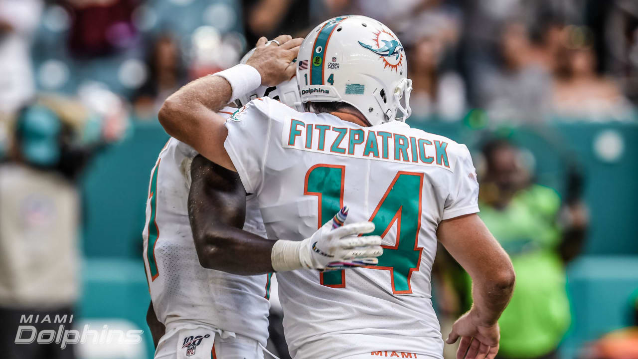 Ryan Fitzpatrick of the Miami Dolphins warms up prior to the game