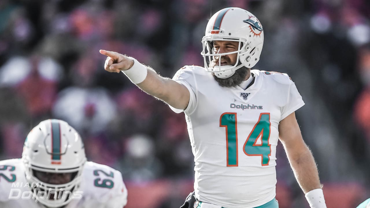 Miami Dolphins quarterback Ryan Fitzpatrick (14) looks to throw a pass  against the Cleveland Browns during an NFL football game, Sunday, Nov. 24,  2019, in Cleveland. The Browns won the game 41-24. (