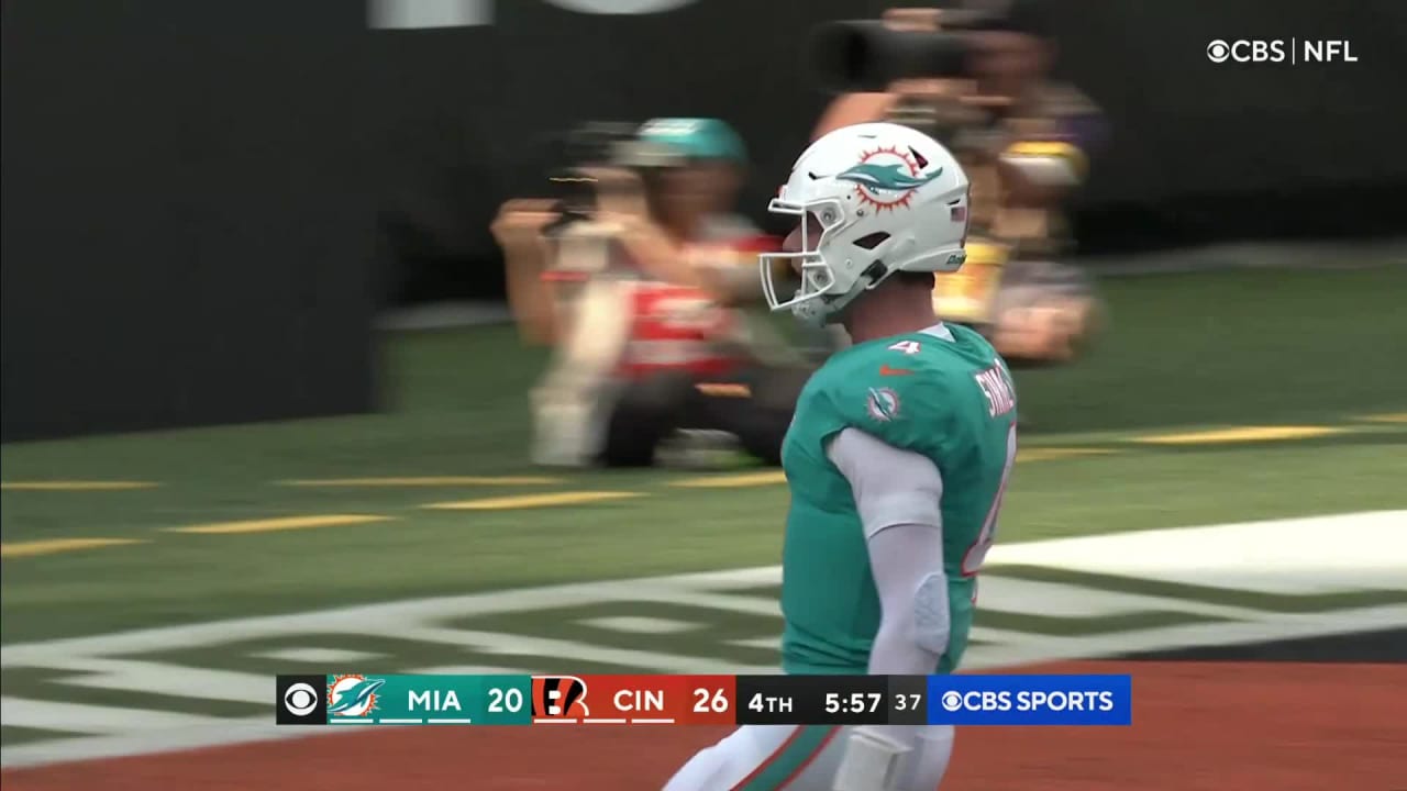 Miami Dolphins quarterback Reid Sinnett (4) watches a video replay on the  board during an NFL football game against the Cincinnati Bengals, Sunday,  Aug. 29, 2021, in Cincinnati. (AP Photo/Zach Bolinger Stock