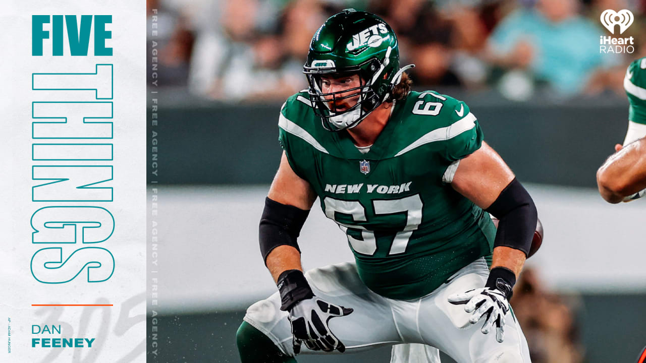 New York Jets guard Dan Feeney stands on the sideline before an