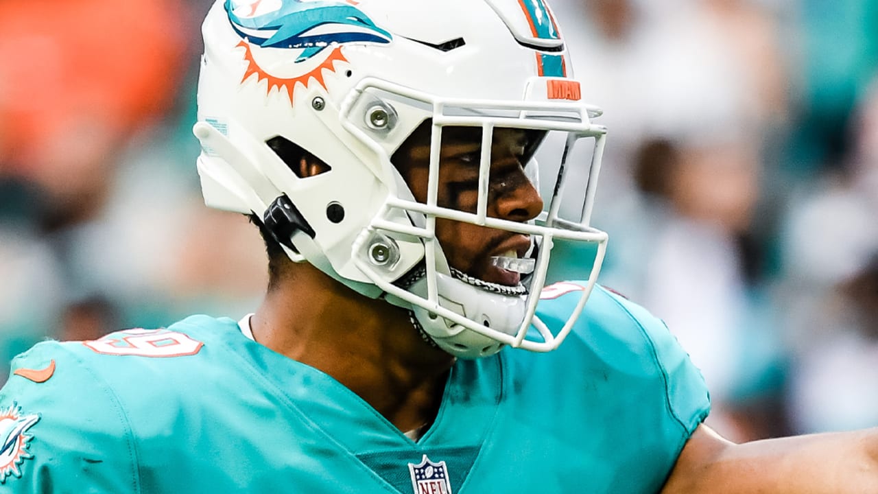 Miami Dolphins safety Jevon Holland, left, and cornerback Jalen Ramsey (5)  talks with the news media after practice at the NFL football team's  training facility, Tuesday, June 6, 2023, in Miami Gardens