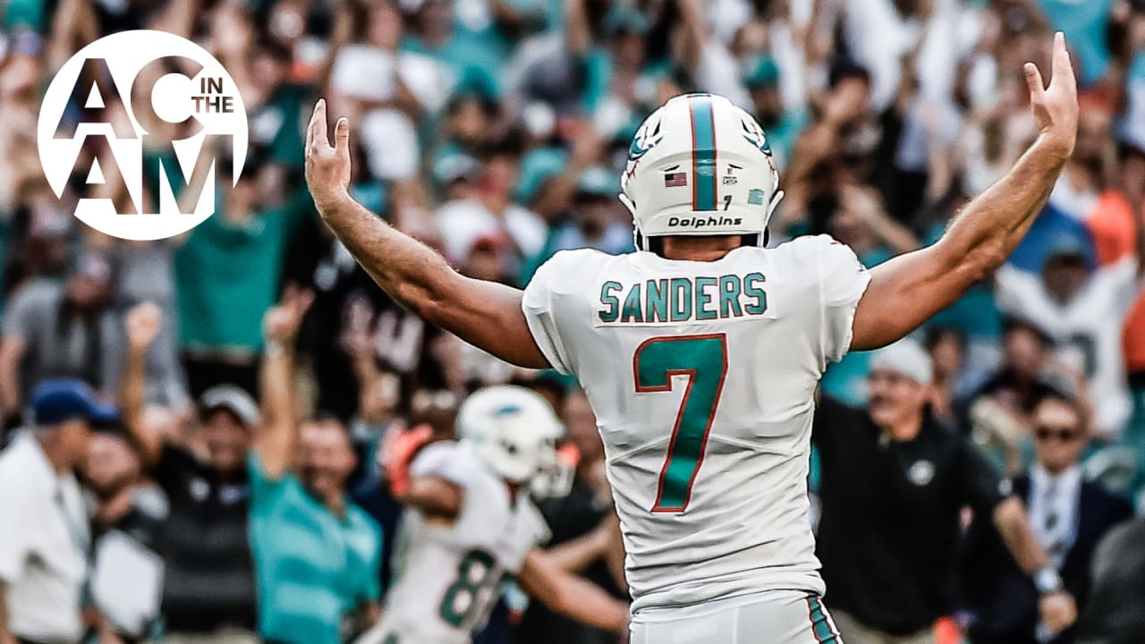 Miami Dolphins kicker Jason Sanders (7) kicks the game-winning field goal  during overtime at an …