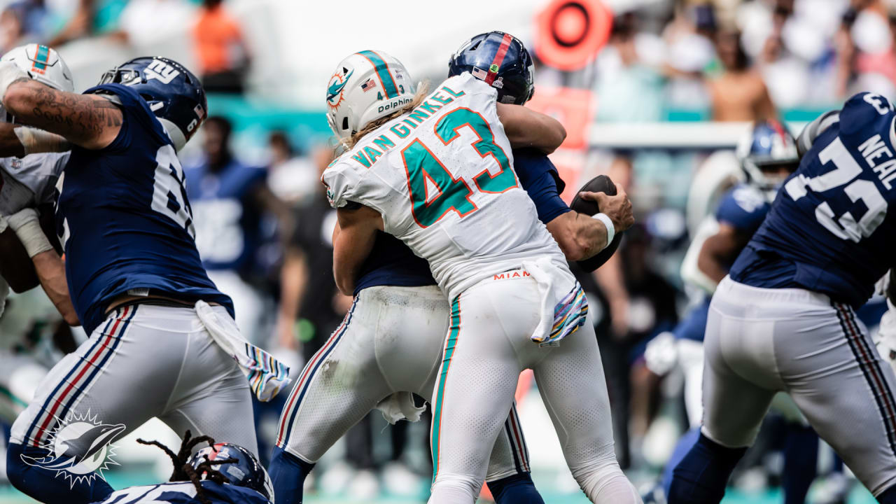 Miami Dolphins linebacker Andrew Van Ginkel (43) reacts after