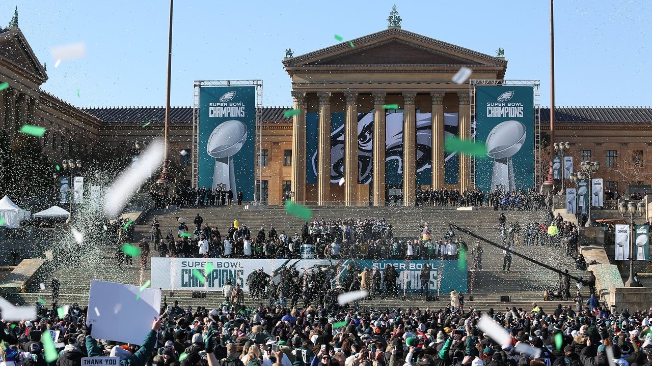 Aerial view of the Philadelphia Eagles Super Bowl Victory Parade above Art  Museum.