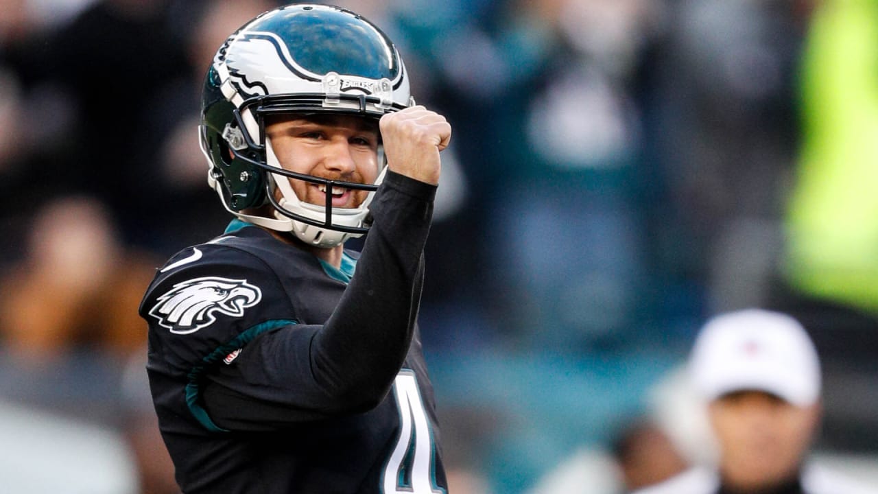 Philadelphia Eagles long snapper Rick Lovato (45) reacts after a 61-yard  field goal by Eagles' Jake Elliott (4) during the first half of an NFL  football game against the Minnesota Vikings on