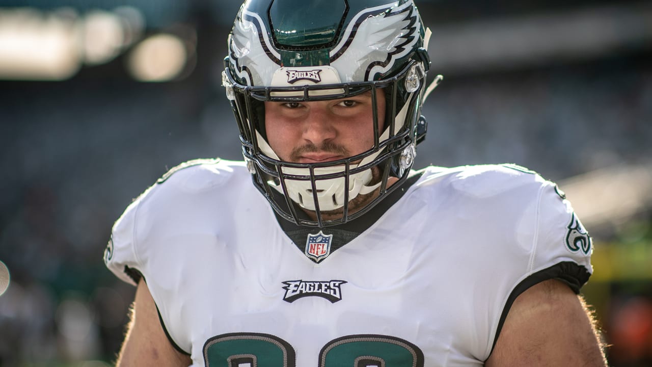 Philadelphia Eagles center Landon Dickerson (69) walks off the field with  trainers during the second half of the NFC Championship NFL football game  between the Philadelphia Eagles and the San Francisco 49ers