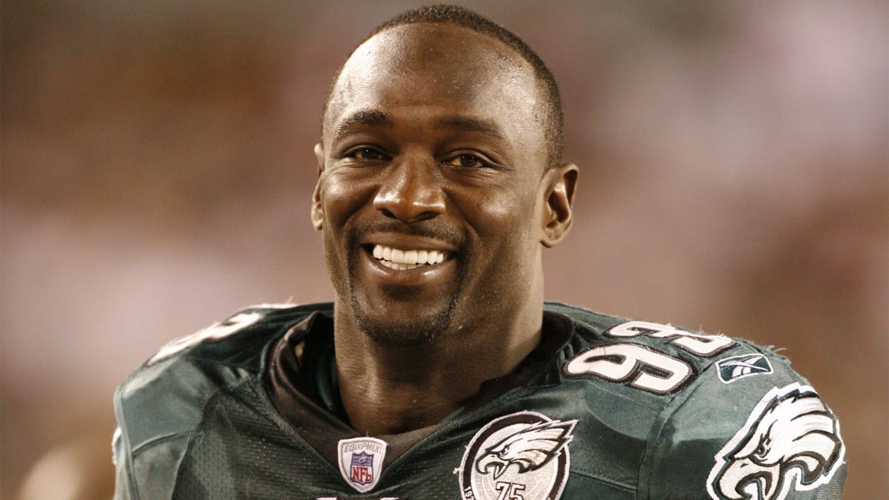 Philadelphia Eagles defender Jevon Kearse raises his hands after a  defensive stand. The Philadelphia Eagles defeated the New York Giants 27 to  6 at Giants Stadium in East Rutherford, New Jersey on