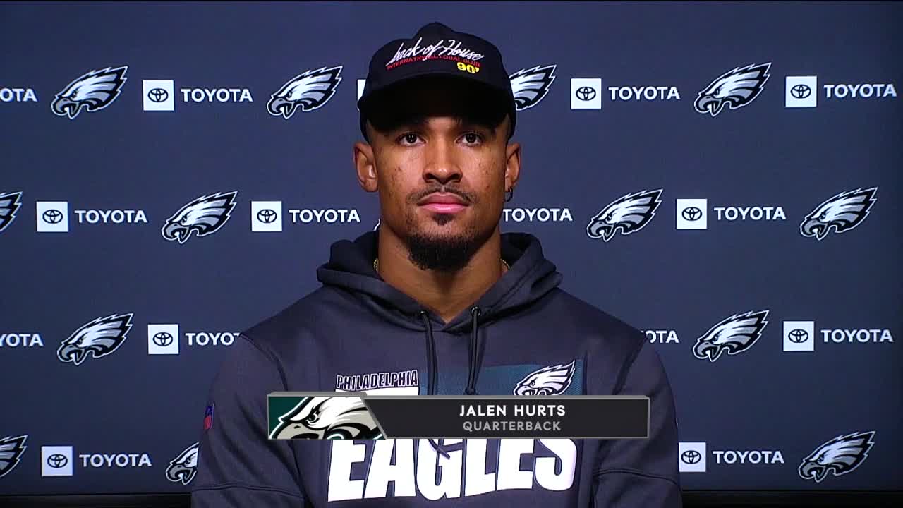 Eagles' Jalen Hurts connects with his receivers during OTA session