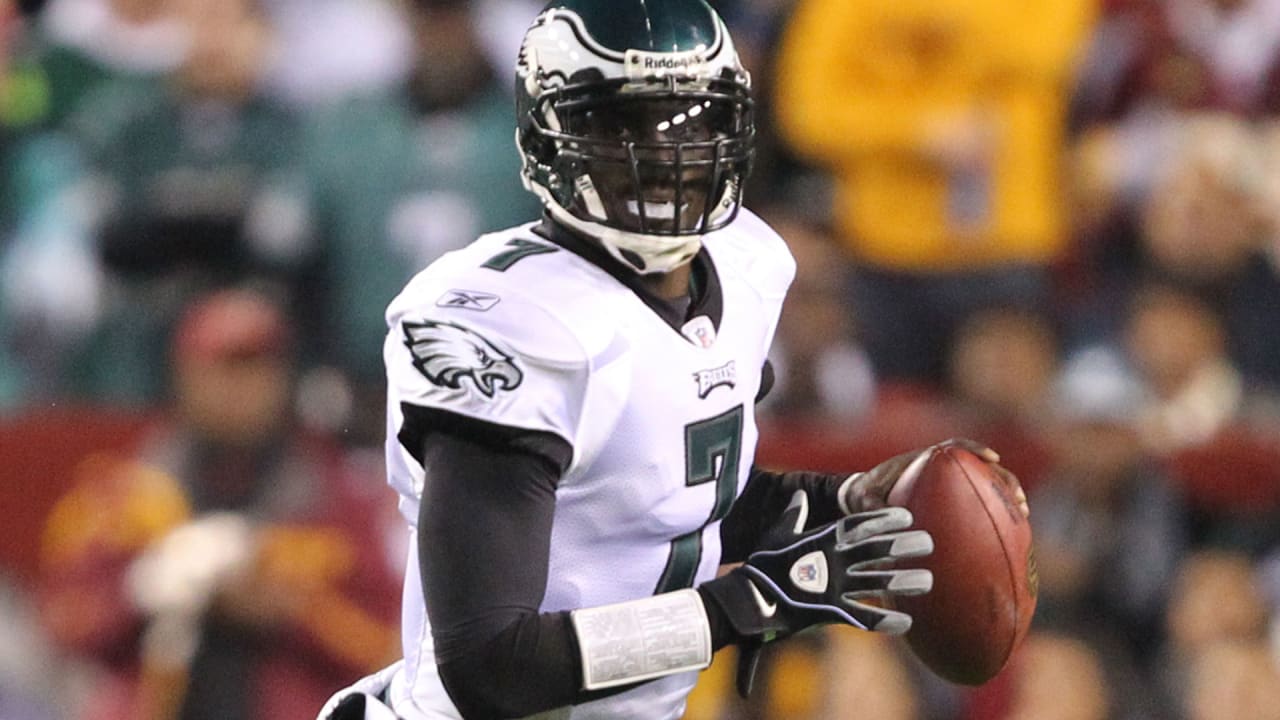 Philadelphia Eagles quarterback Mike Vick smiles at the end of the game  against the Atlanta Falcons. The Eagles defeated the Falcons, 34-7, at the  Georgia Dome in Atlanta, Georgia, Sunday, December 6