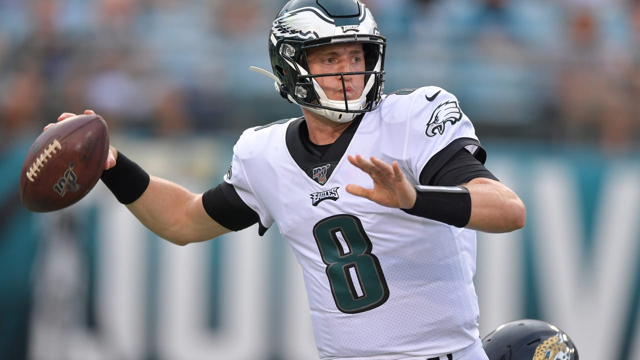 Philadelphia Eagles quarterback Clayton Thorson (8) throws a pass during  the first half of a preseason NFL football game against the New York Jets  Thursday, Aug. 29, 2019, in East Rutherford, N.J. (