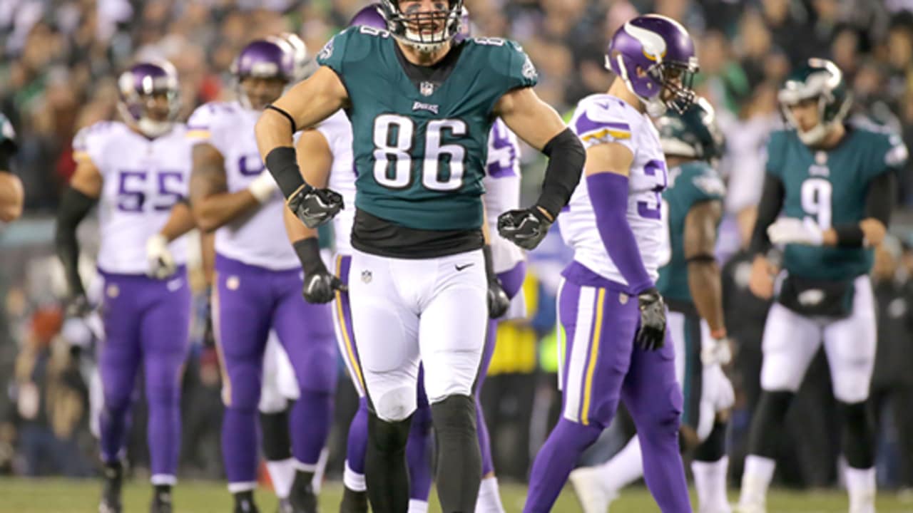 Philadelphia Eagles quarterback Nick Foles (9) celebrates with Lane Johnson  (65) and Torrey Smith (82) after his touchdown catch against the New  England Patriots during the second quarter of Super Bowl LII