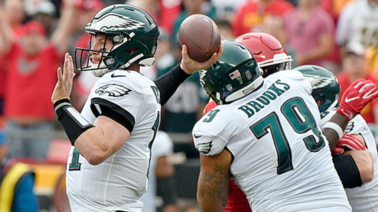 Philadelphia Eagles offensive guard Isaac Seumalo (73) looks at the  scoreboard replay of a fumble his team returned for a touchdown in the  fourth quarter against the Washington Redskins at FedEx Field