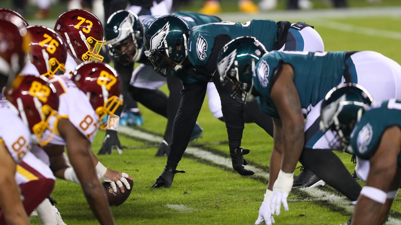 PHILADELPHIA, PA - JANUARY 09: Philadelphia Eagles helmet sits on the bench  during the game between the Dallas Cowboys and the Philadelphia Eagles on  January 8, 2022 at Lincoln Financial Field in