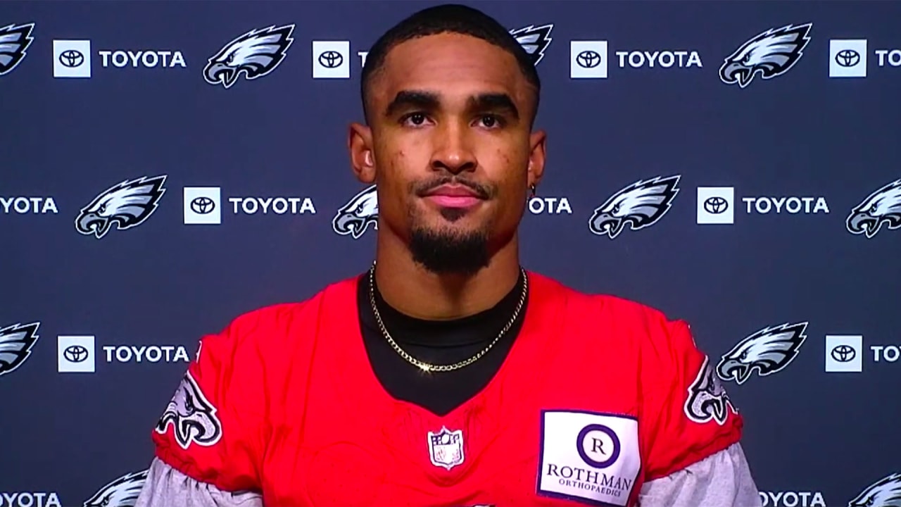 Eagles' Jalen Hurts connects with his receivers during OTA session