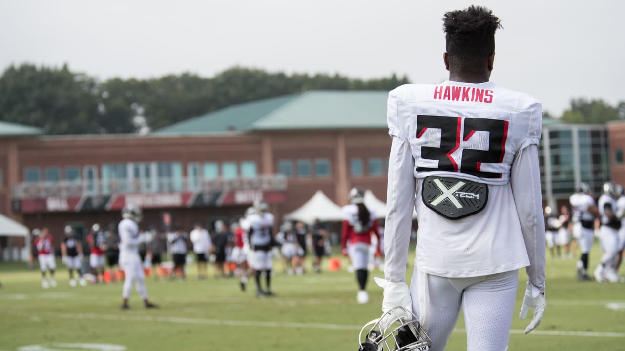 Atlanta Falcons safety Jaylinn Hawkins (32) lines up during the first half  of an NFL football game against the Carolina Panthers, Sunday, Sep. 10,  2023, in Atlanta. The Atlanta Falcons won 24-10. (