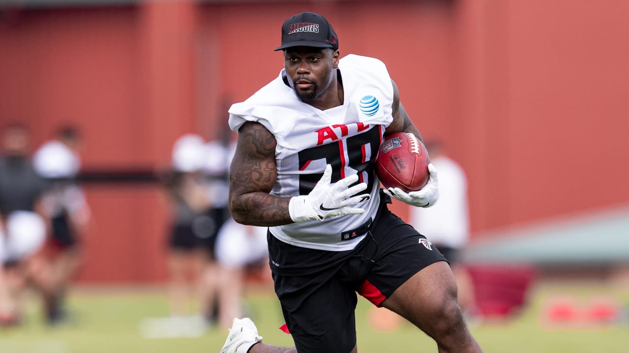 Atlanta Falcons running back Mike Davis (28) lines up in the