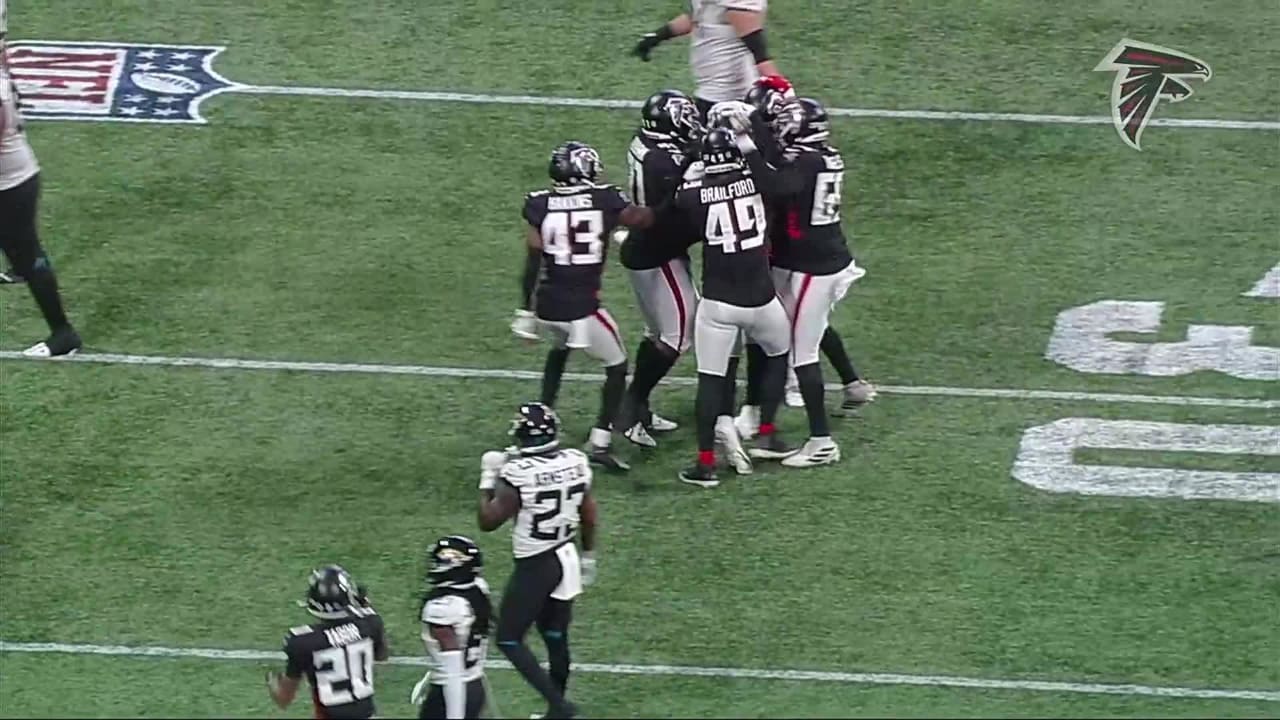 Linebacker Troy Andersen's blitzing quarterback hurry creates an  interception for the Atlanta Falcons defense