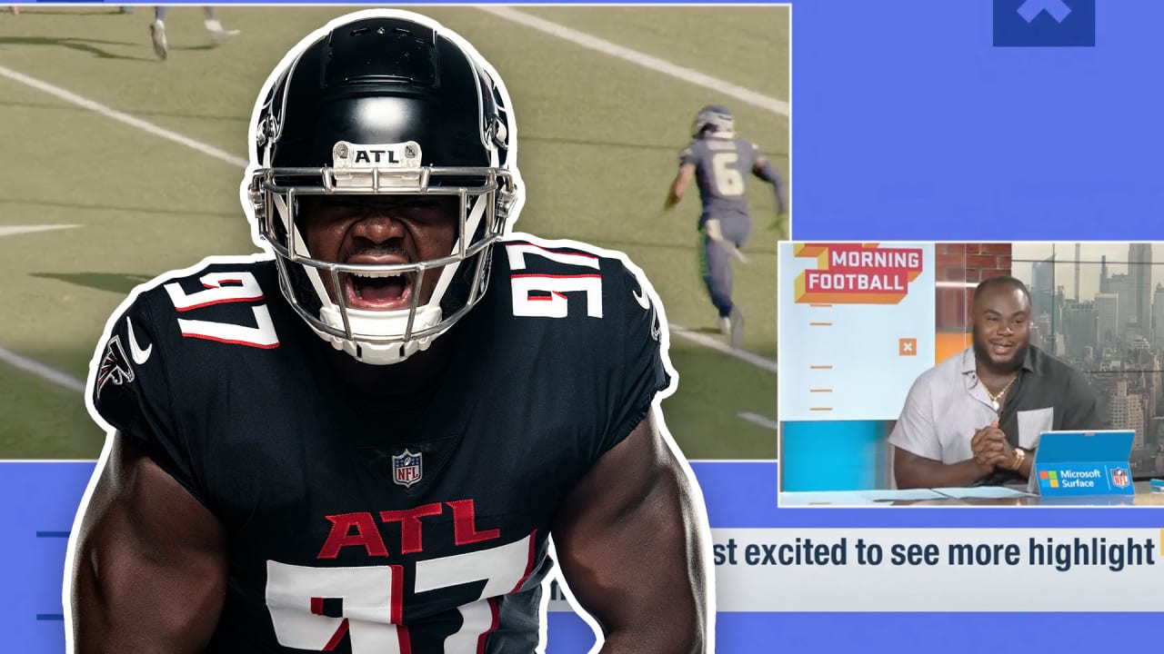 Atlanta Falcons defensive end Grady Jarrett (97) works during the second  half of an NFL football game against the Carolina Panthers, Sunday, Oct.  30, 2022, in Atlanta. The Atlanta Falcons won 37-34. (