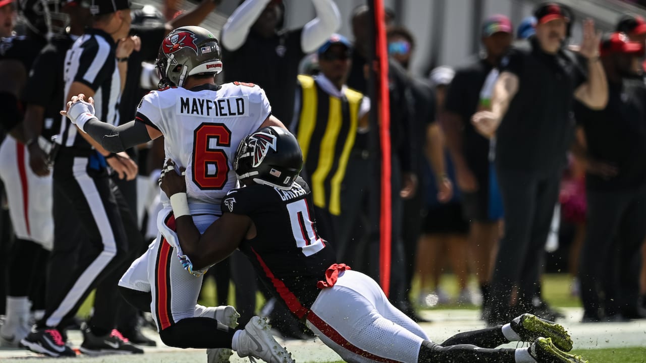 Blanketing Falcons pass defense results in Baker Mayfield takedown via  Lorenzo Carter 4-yard sack