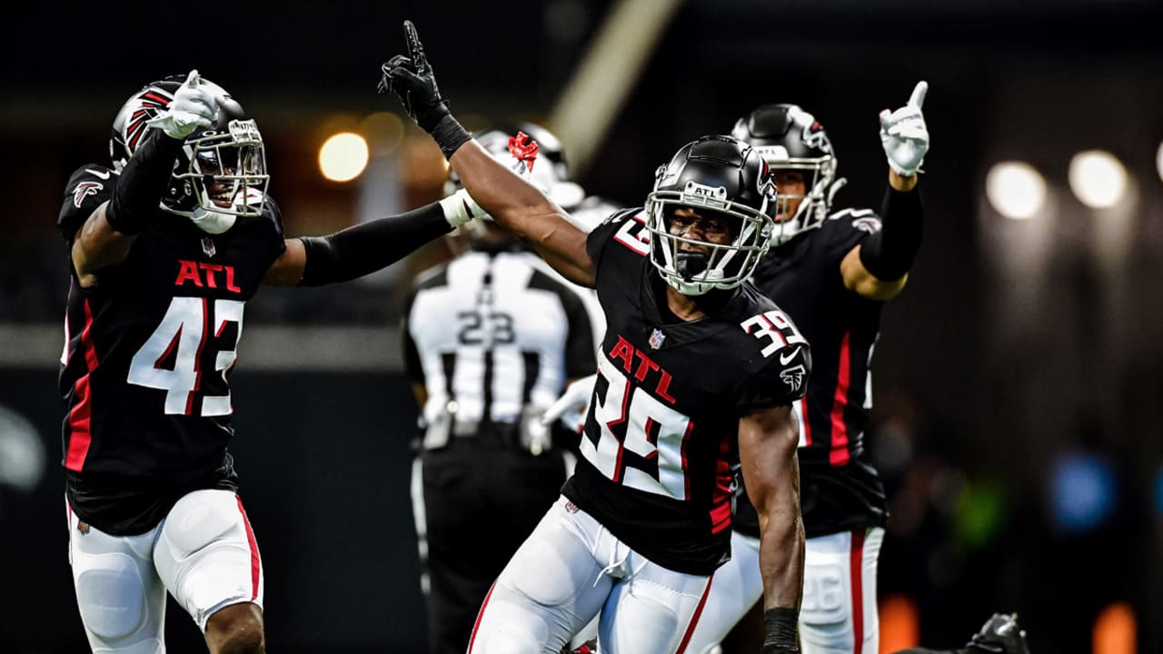 Linebacker Troy Andersen's blitzing quarterback hurry creates an  interception for the Atlanta Falcons defense