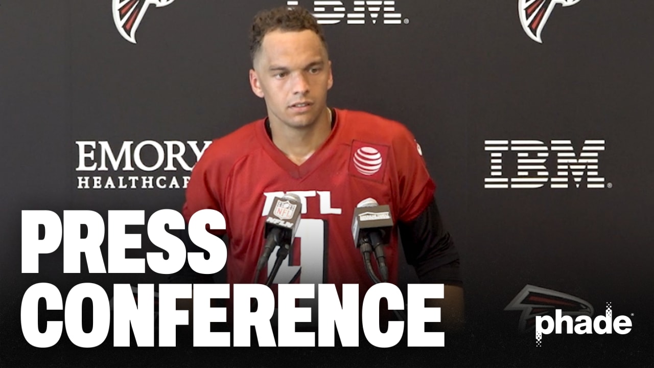 Desmond Ridder speaks to media following the Atlanta Falcons vs Jacksonville  Jaguars matchup at Wembley Stadium