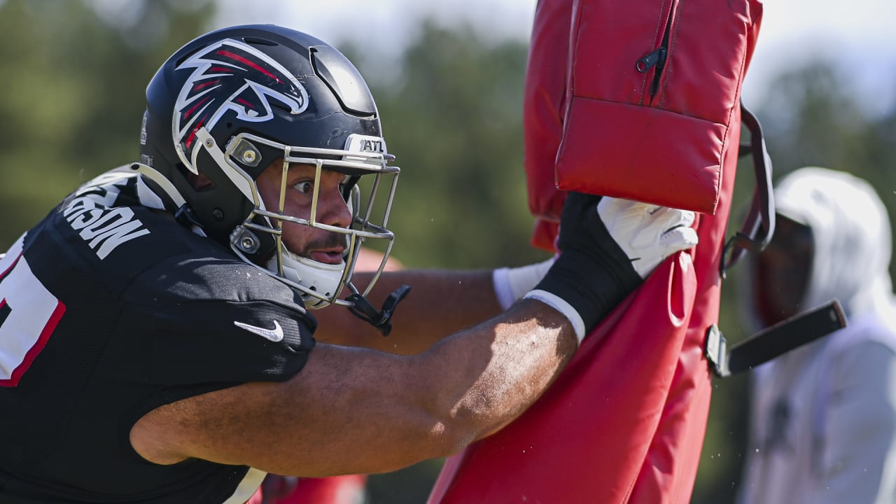 Atlanta Falcons linebacker Quinton Bell (56) works during the