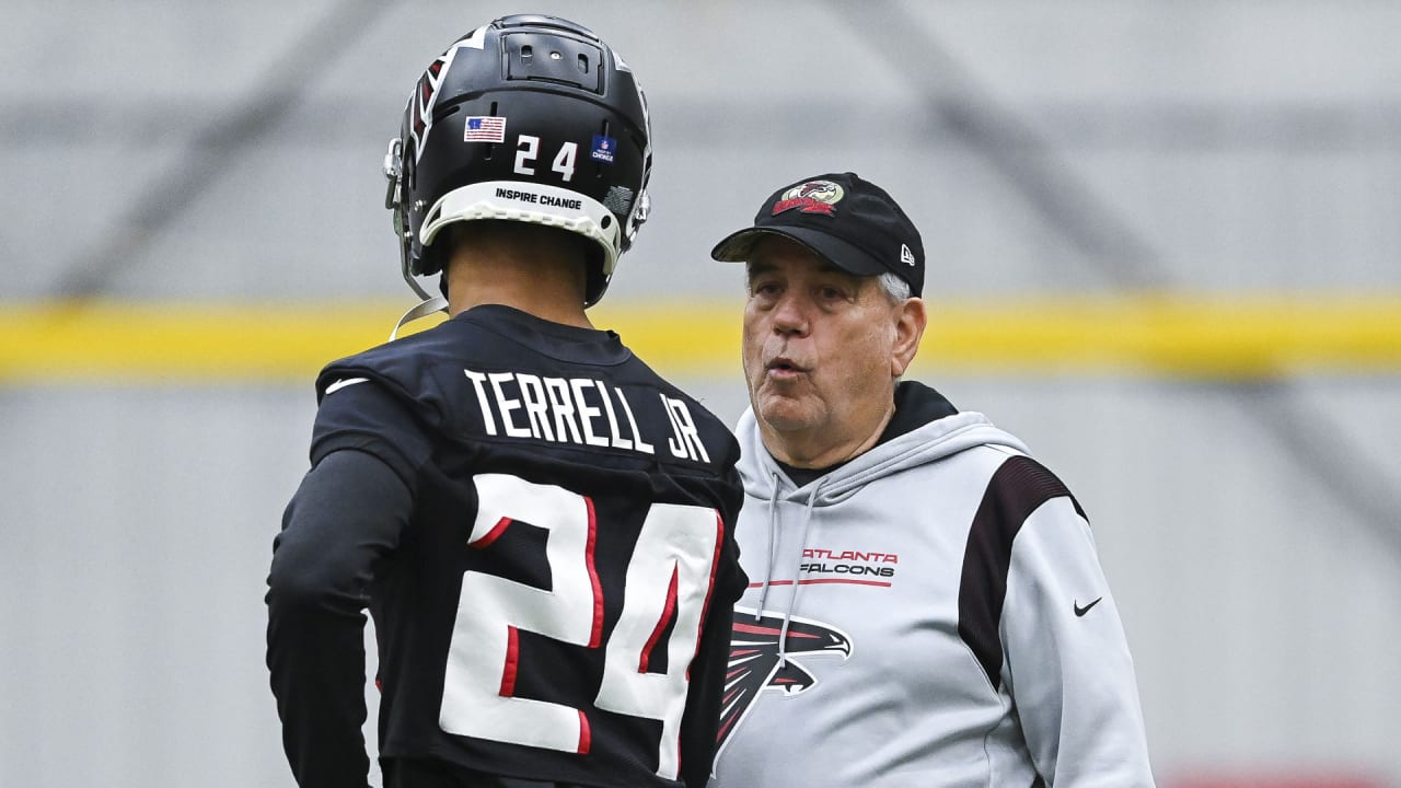 Atlanta Falcons outside linebacker Adetokunbo Ogundeji (92) works during  the second half of an NFL football game against the New England Patriots,  Thursday, Nov. 18, 2021, in Atlanta. The New England Patriots