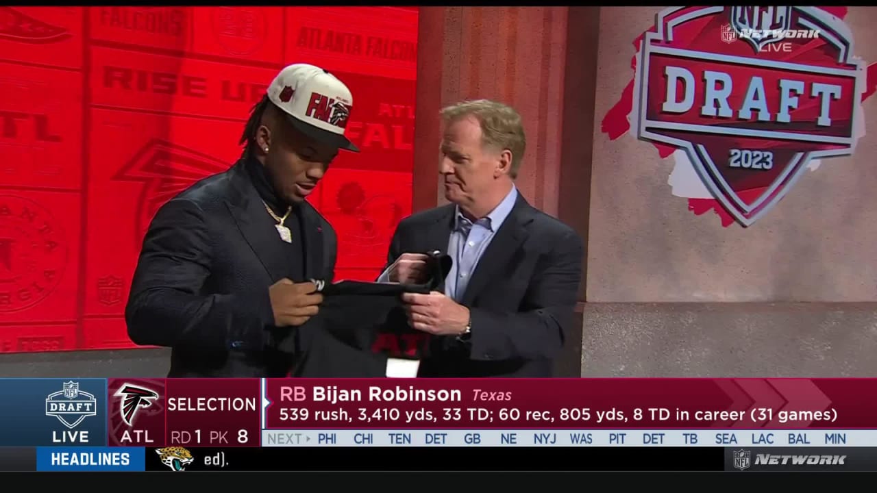 WITH THE 8th PICK IN THE 2023 NFL DRAFT THE ATLANTA FALCONS SELECT Bijan  Robinson, RB