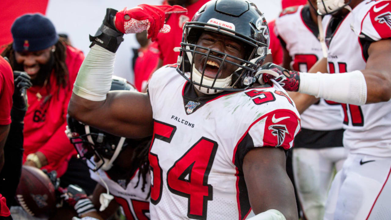 Atlanta Falcons linebacker Foye Oluokun (54) tackles Carolina Panthers wide  receiver Robby Ande …