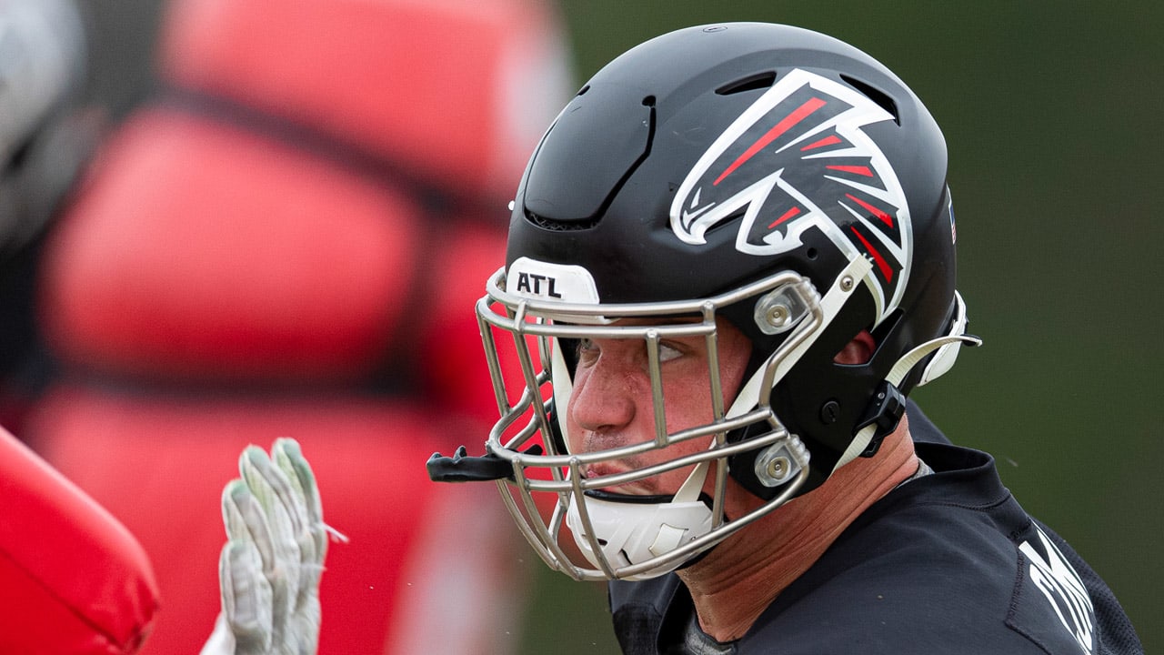 Atlanta Falcons linebacker Quinton Bell (56) works during the