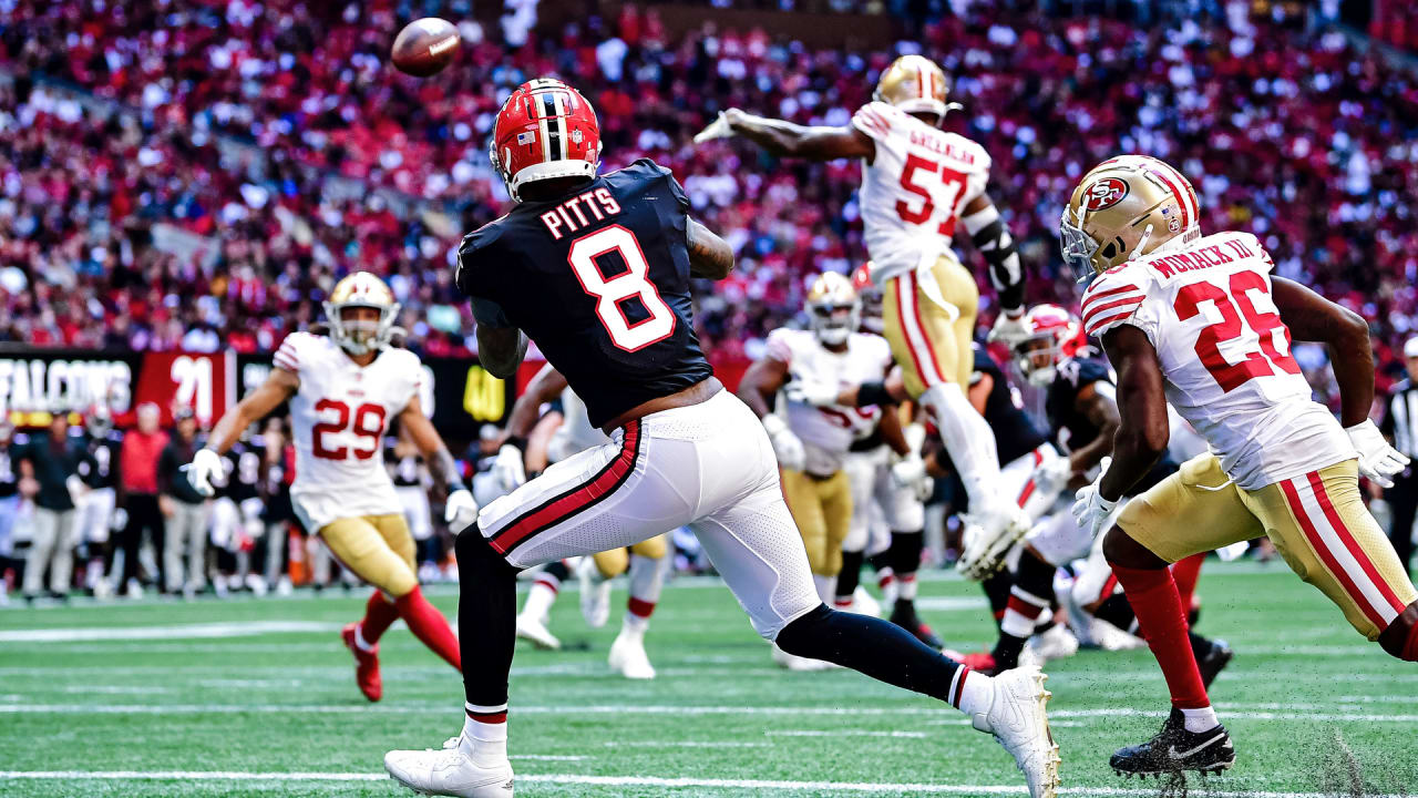 Atlanta Falcons tight end Kyle Pitts (8) participates in a jersey swap  after an NFL football game against the San Francisco 49ers, Sunday, Oct.  16, 2022, in Atlanta. The Atlanta Falcons won