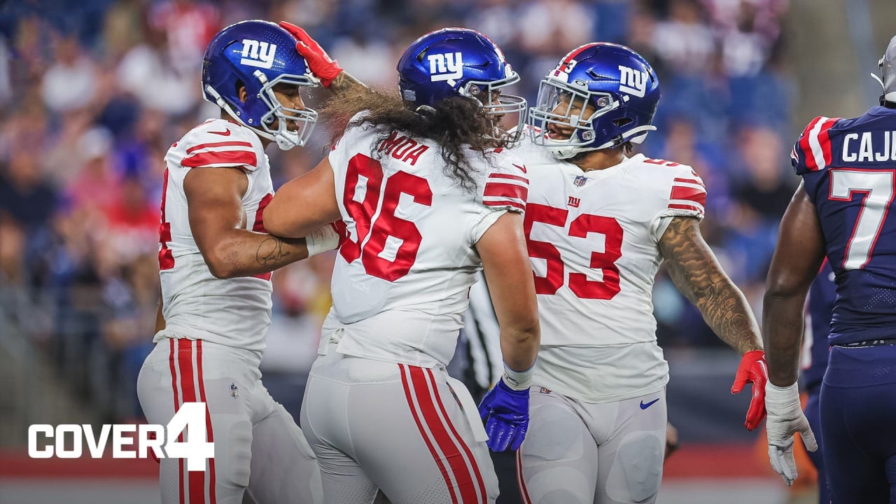 New York Giants wide receiver Collin Johnson celebrates after a catch  during an NFL preseason football game against the New England Patriots at  Gillette Stadium, Thursday, Aug. 11, 2022 in Foxborough, Mass. (