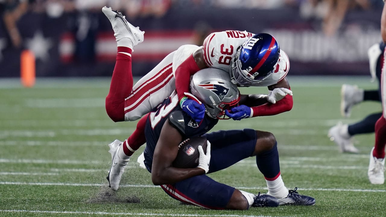 New York Giants wide receiver Collin Johnson celebrates after a catch  during an NFL preseason football game against the New England Patriots at  Gillette Stadium, Thursday, Aug. 11, 2022 in Foxborough, Mass. (