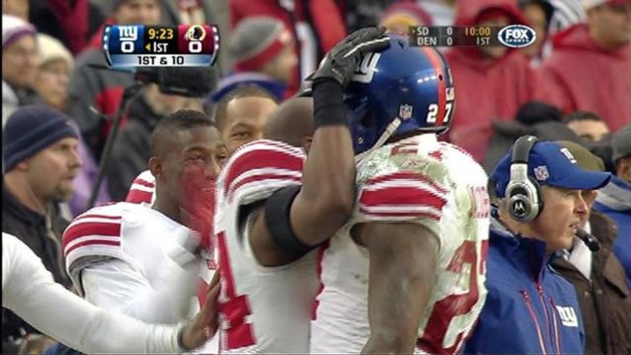 New York Giants running back Brandon Jacobs (27) yells during player  introductions for NFL action between the New York Giants and Detroit Lions  at the New Meadowlands Stadium in East Rutherford, New