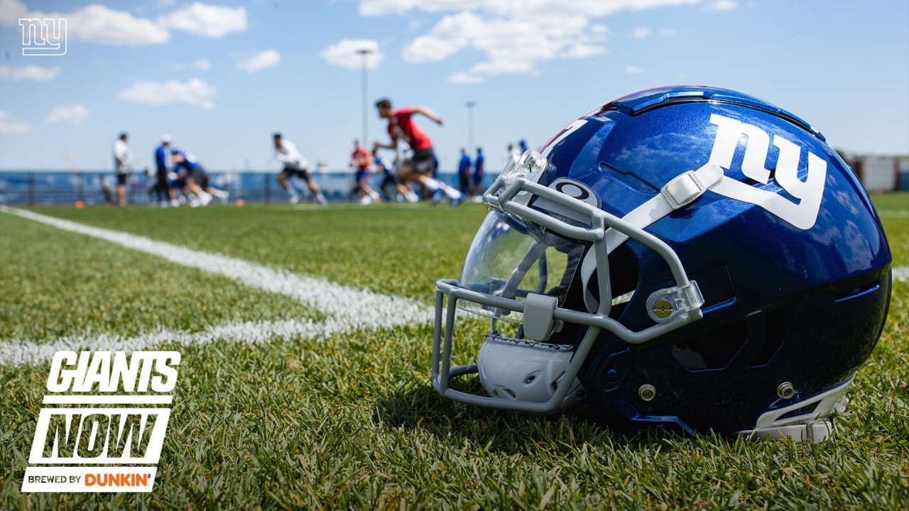 A general view of a New York Giants helmet on the field during