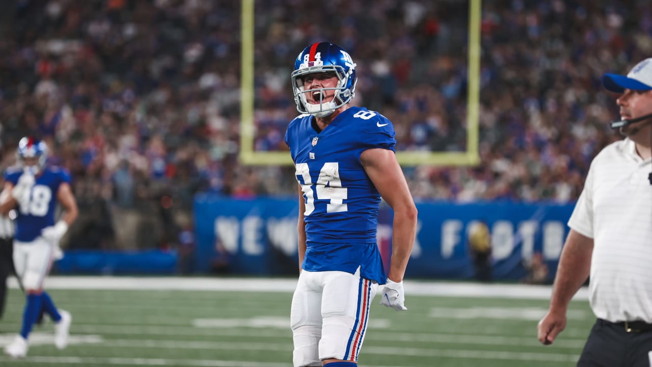 New York Giants wide receiver David Sills V (13) runs a play during the  first half of an NFL preseason football game against the New York Jets,  Saturday, Aug. 26, 2023, in