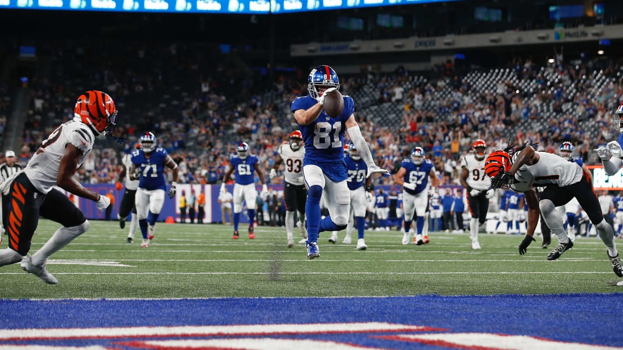 New York Giants wide receiver Alex Bachman (81) celebrates after scoring a  touchdown during an NFL preseason football game against the Cincinnati  Bengals, Sunday, Aug. 21, 2022 in East Rutherford, N.J. The