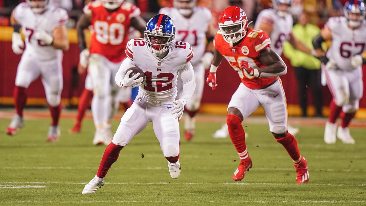 New York Giants wide receiver John Ross (12) comes onto the field for the  first half of an NFL football game against the Kansas City Chiefs, Monday,  Nov. 1, 2021 in Kansas