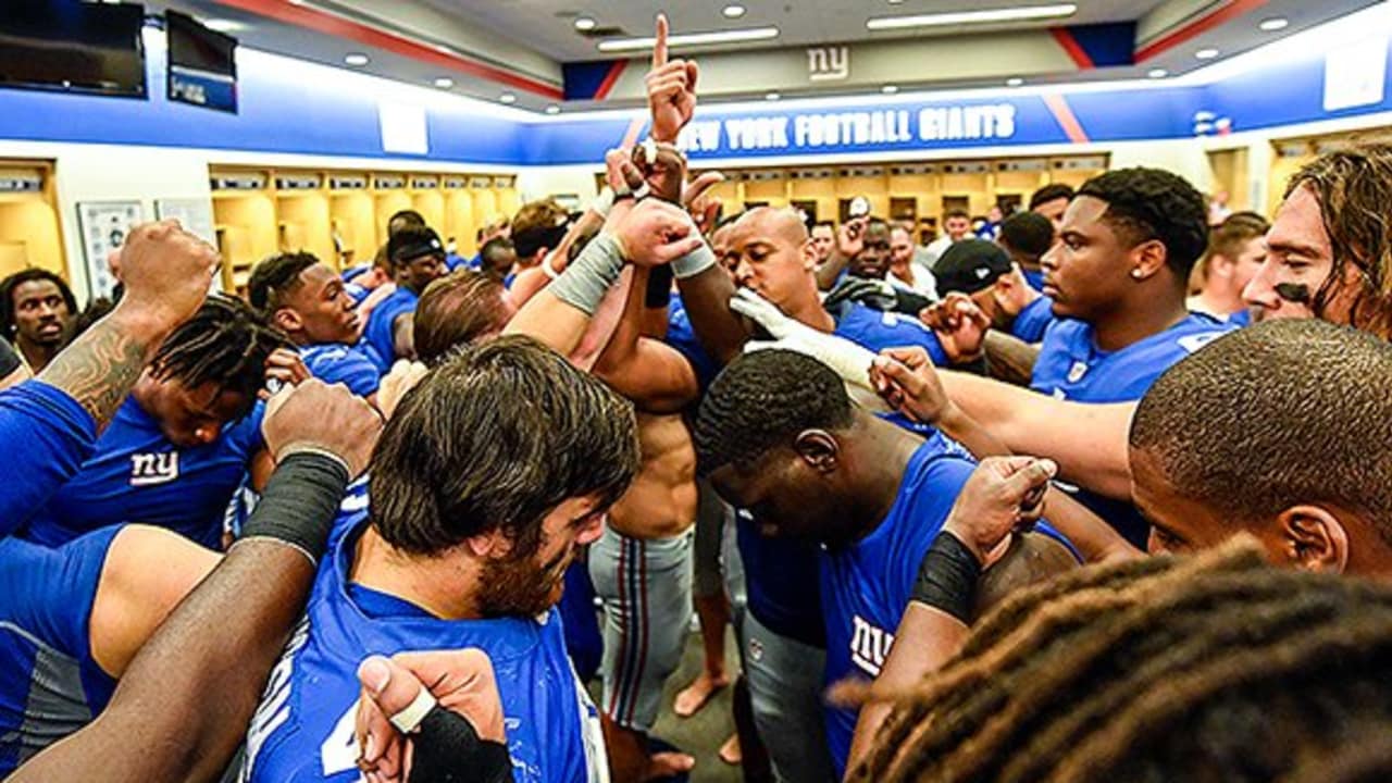 Giants locker room celebration after Jets win 