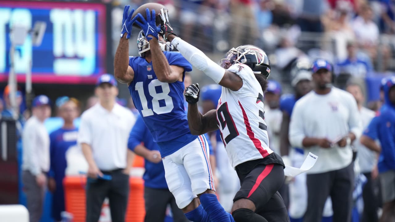 Atlanta Falcons running back Cordarrelle Patterson, below, is tackled by  New York Giants safety Xavier McKinney (29) during the first half of an NFL  football game, Sunday, Sept. 26, 2021, in East